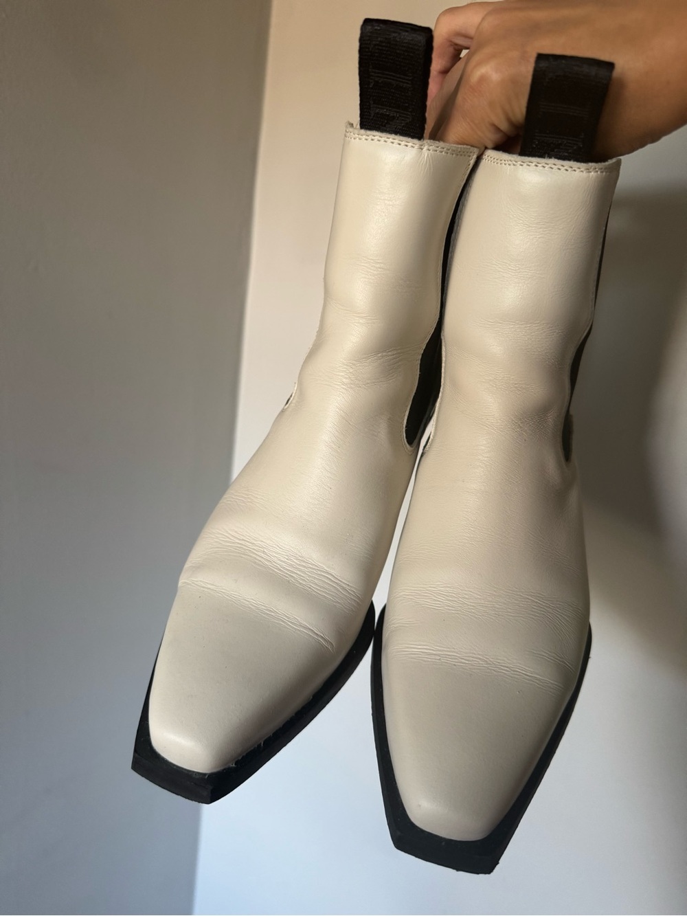 AllSaints White Leather Chelsea Booties with Black Elastic